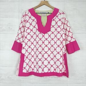Gretchen Scott Popover Tunic Shirt Size S Pink White Geometric Retro Artsy Beach